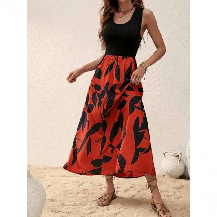 Kadın Askılı Yuvarlak Yaka üst Viskon Alt Desenli Uzun Süprem Elbise