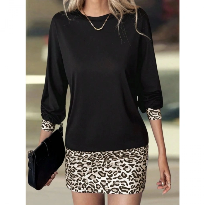 Kadın Uzun Kollu Bisiklet Yaka üst Viskon Iki Iplik Alt Leopar Desenli Mini Elbise