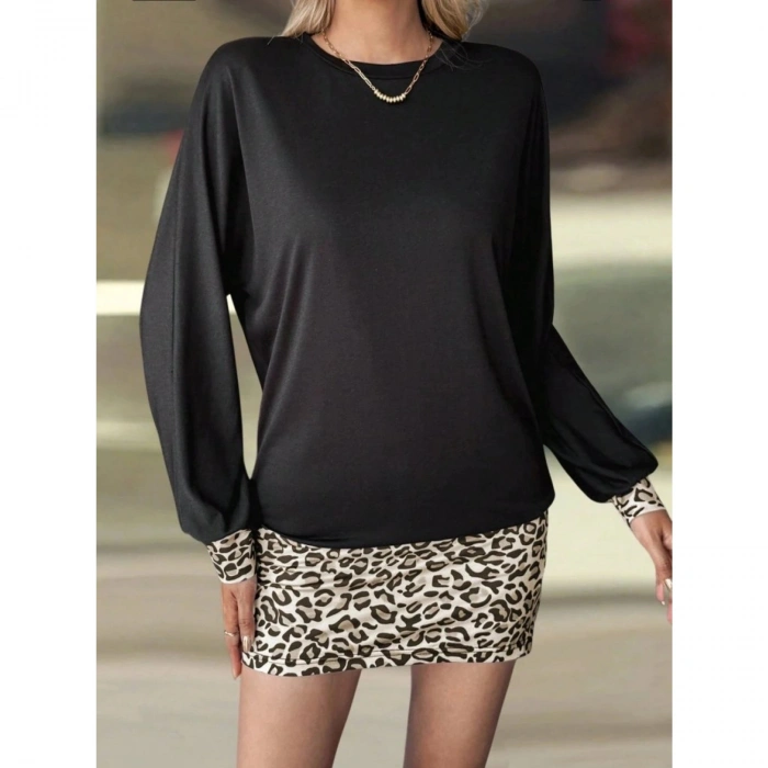 Kadın Uzun Kollu Bisiklet Yaka üst Viskon Iki Iplik Alt Leopar Desenli Mini Elbise