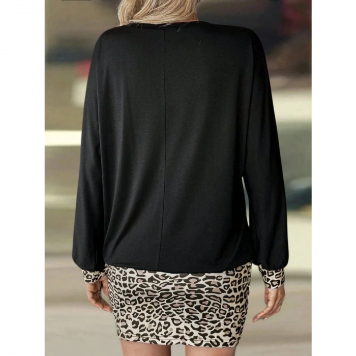 Kadın Uzun Kollu Bisiklet Yaka üst Viskon Iki Iplik Alt Leopar Desenli Mini Elbise