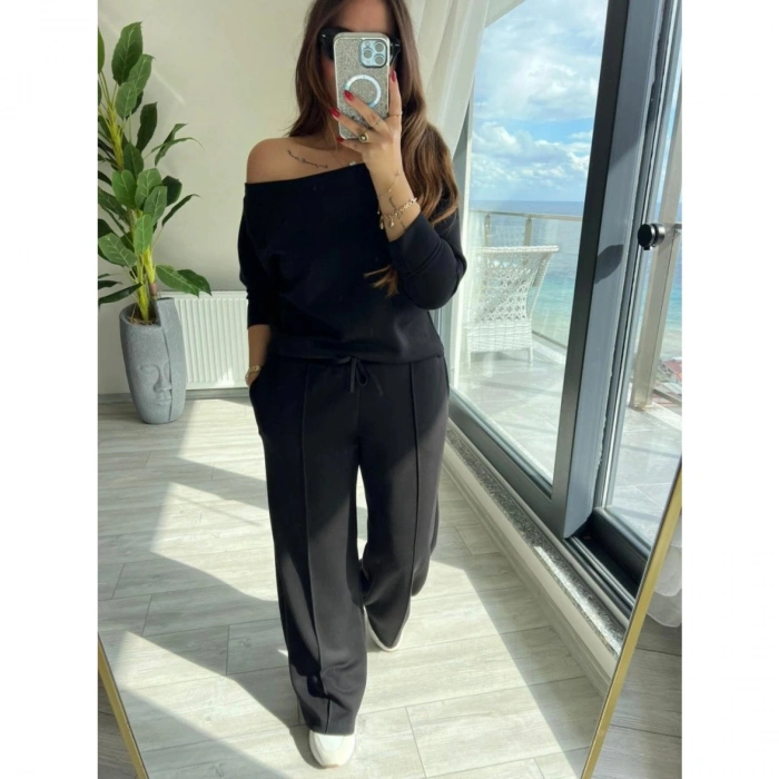 Kadın Uzun Kollu Tek Omuzdan Açık Modal Bluz Ve Pantolon Ikili Takım