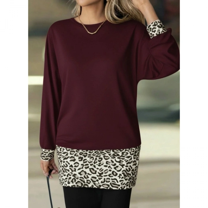 Kadın Uzun Kollu Bisiklet Yaka üst Viskon Iki Iplik Alt Leopar Desenli Mini Elbise