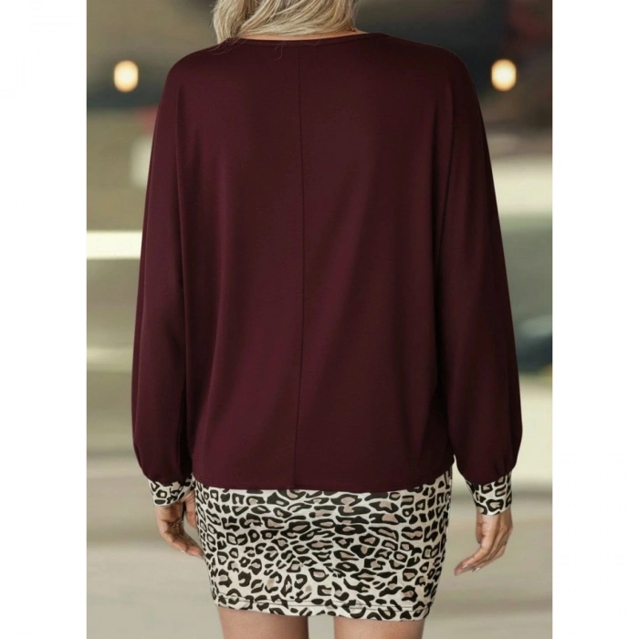 Kadın Uzun Kollu Bisiklet Yaka üst Viskon Iki Iplik Alt Leopar Desenli Mini Elbise