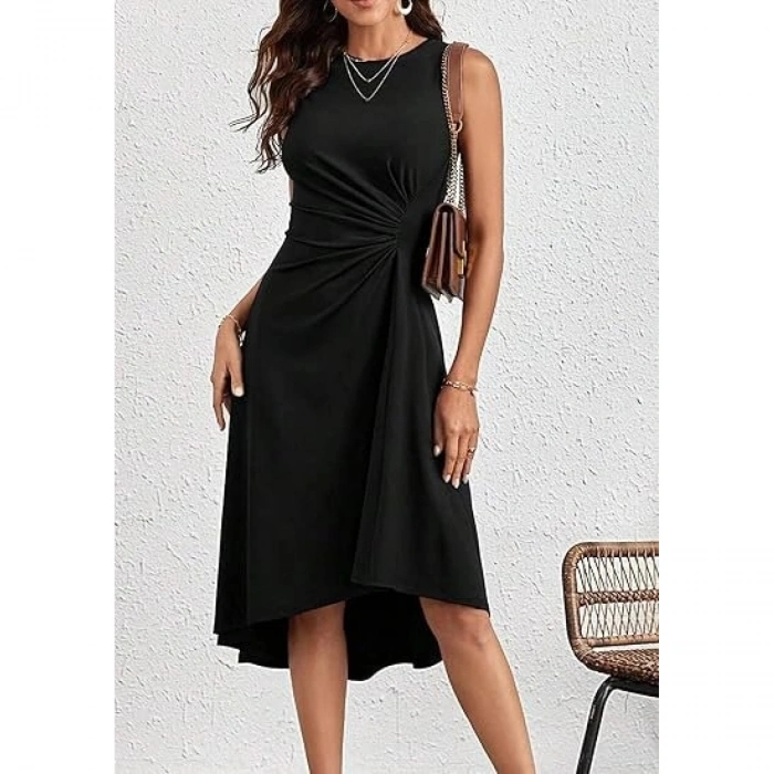 Kadın Sıfır Kollu Bisiklet Yaka Büzgülü Asimetrik Kesim Detaylı Janjan Krep Elbise