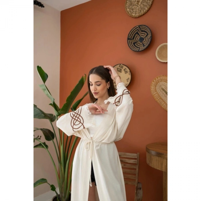 Kahverengi Baskı Detay Keten Sabahlık