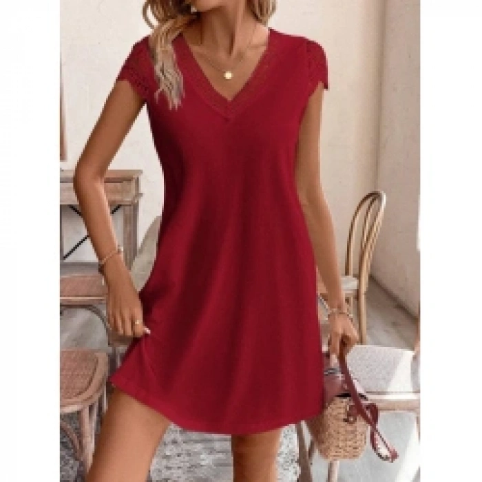 Kadın Kısa Kollu V Yakalı Viskon Elbise