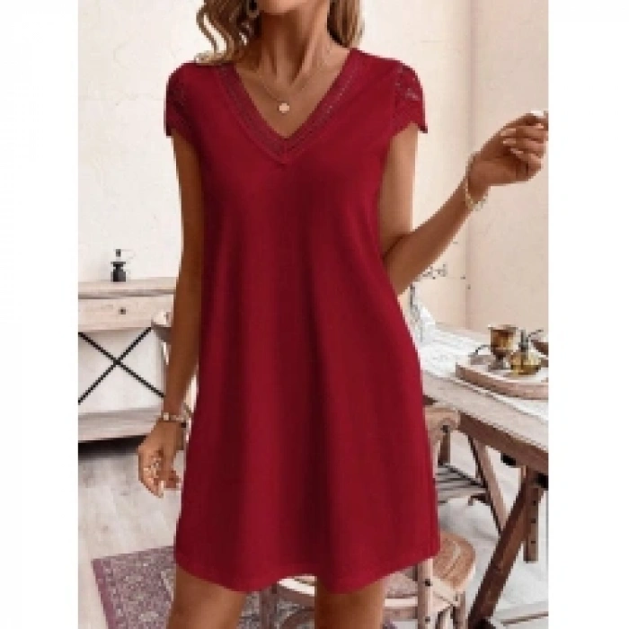 Kadın Kısa Kollu V Yakalı Viskon Elbise