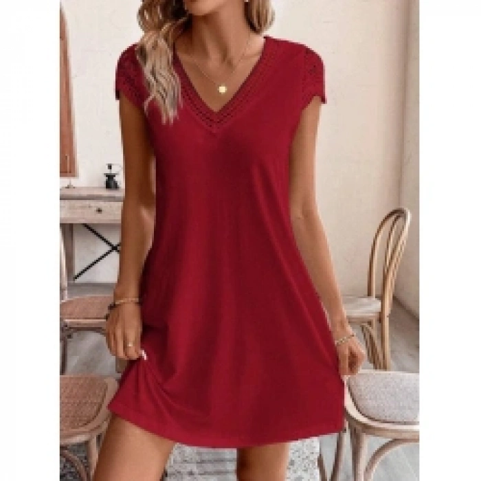 Kadın Kısa Kollu V Yakalı Viskon Elbise