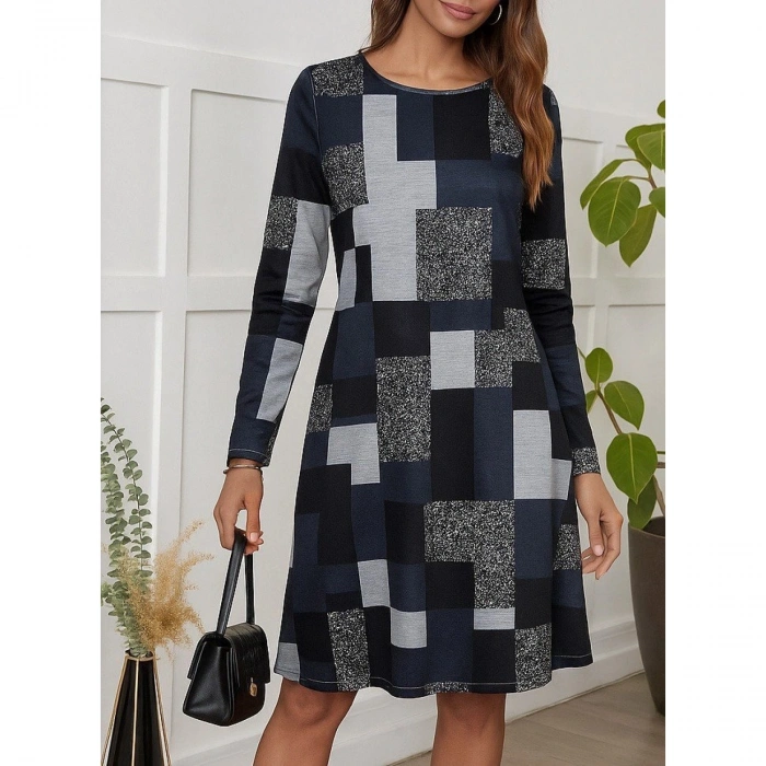 Kadın Uzun Kollu Yuvarlak Yaka Geometrik Süprem Elbise