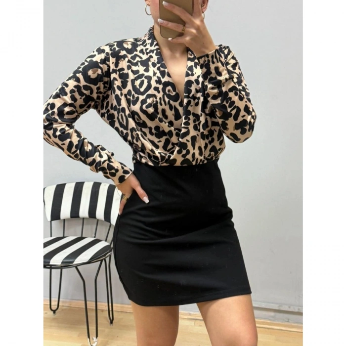 Kadın Uzun Kollu Kruvaze Yakalı üst Dalgıç Alt Ithal Krep Mini Elbise