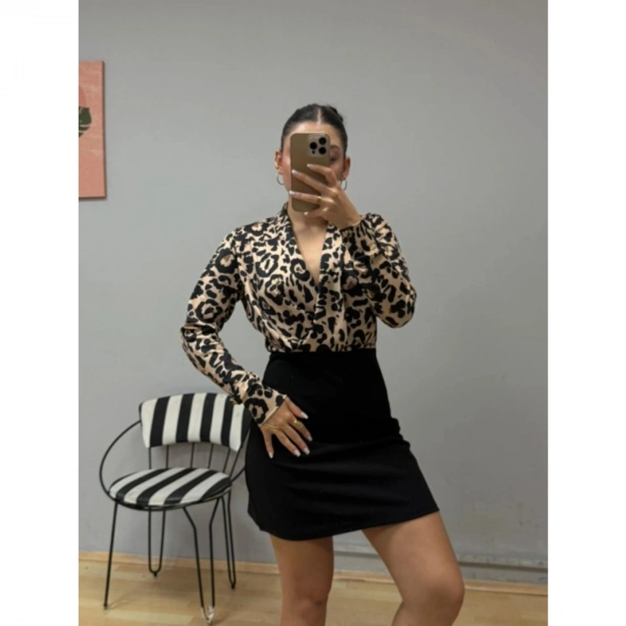 Kadın Uzun Kollu Kruvaze Yakalı üst Dalgıç Alt Ithal Krep Mini Elbise