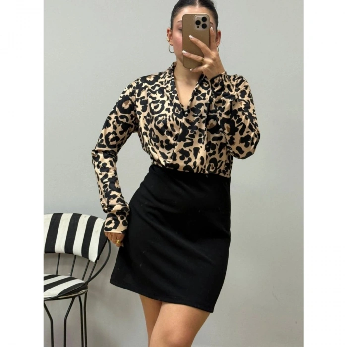 Kadın Uzun Kollu Kruvaze Yakalı üst Dalgıç Alt Ithal Krep Mini Elbise