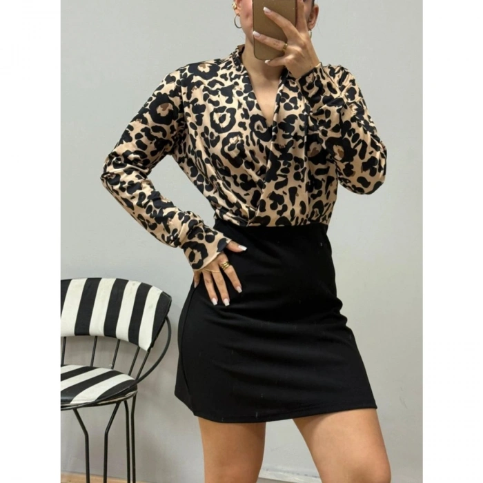 Kadın Uzun Kollu Kruvaze Yakalı üst Dalgıç Alt Ithal Krep Mini Elbise