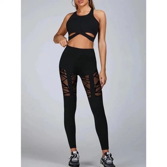 Kadın Yüksek Bel Tül Detaylı Spor Tayt