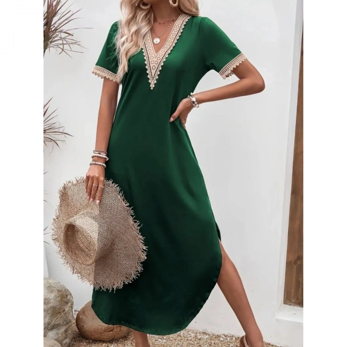 Kadın Kısa Kollu Dantel V Yakalı Uzun Viskon Elbise