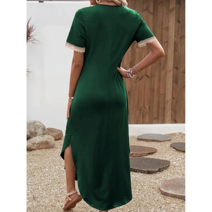 Kadın Kısa Kollu Dantel V Yakalı Uzun Viskon Elbise