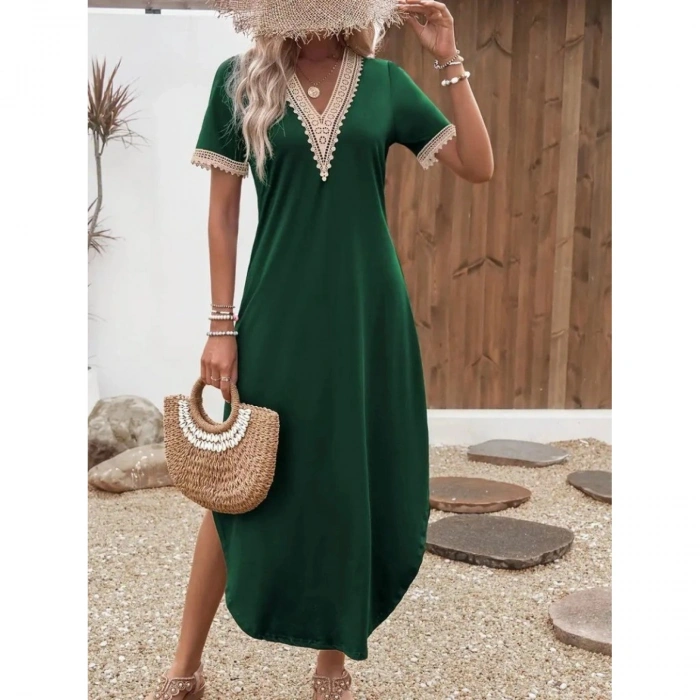 Kadın Kısa Kollu Dantel V Yakalı Uzun Viskon Elbise