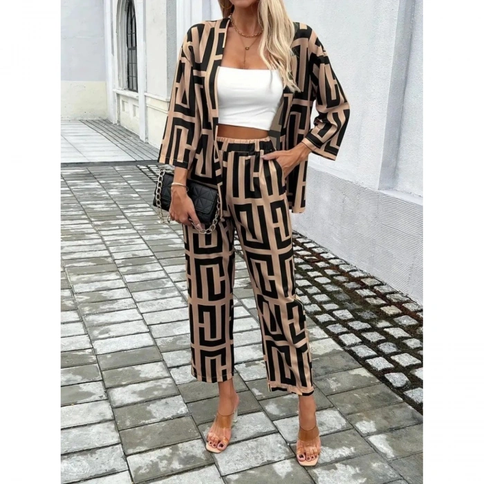 Kadın Uzun Kollu önü Açık Desenli Iki Iplik Ceket Ve Pantolon Ikili Takım