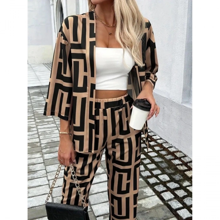 Kadın Uzun Kollu önü Açık Desenli Iki Iplik Ceket Ve Pantolon Ikili Takım
