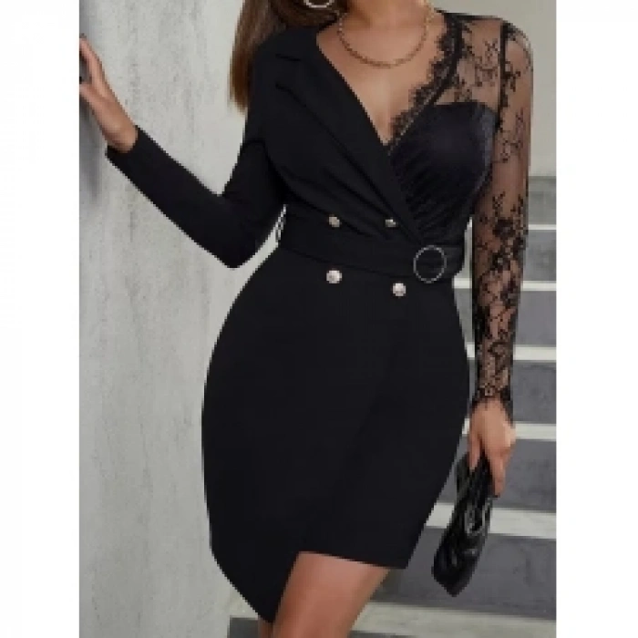 Kadın Uzun Kollu Kruvaze Yakalı önden Düğmeli Kısa Ithal Krep Elbise