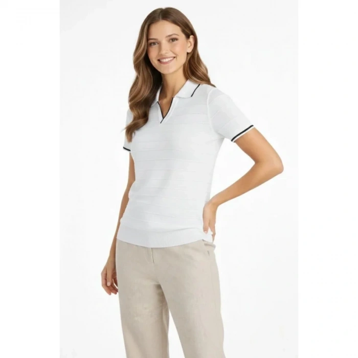 Triko Kumaş Yakalı Düğmesiz Açık Yaka Fitilli Kısa Kollu Regular Fit Tişört T-shirt - Beyaz