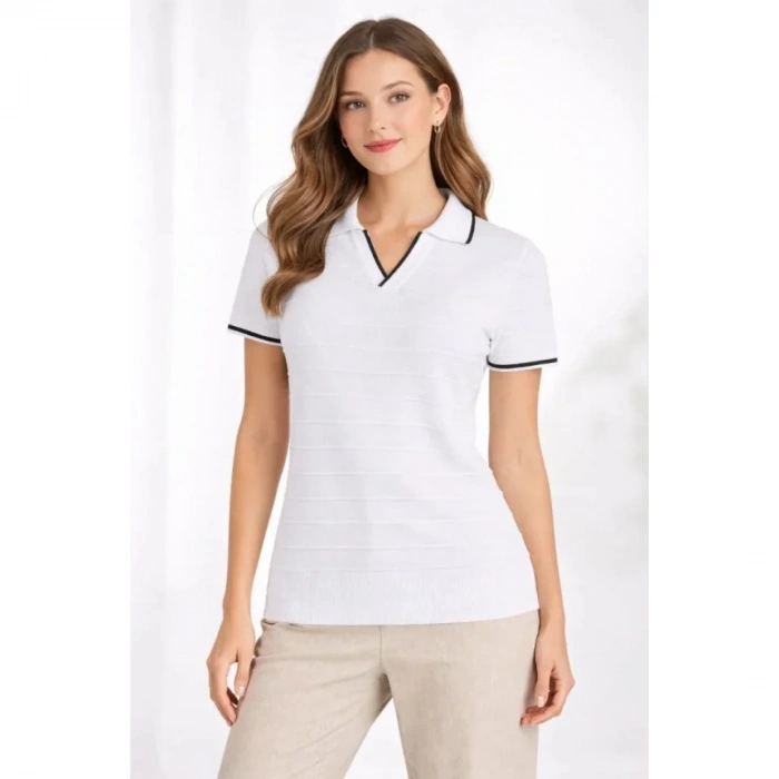 Triko Kumaş Yakalı Düğmesiz Açık Yaka Fitilli Kısa Kollu Regular Fit Tişört T-shirt - Beyaz