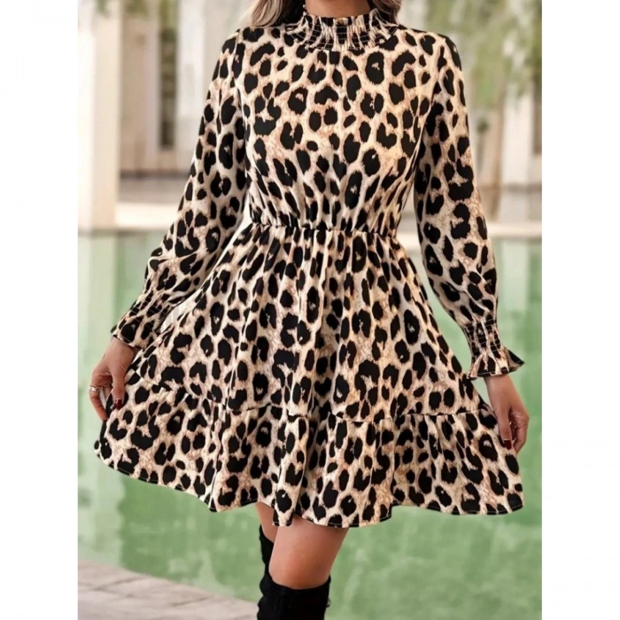 Kadın Uzun Kollu Yarı Balıkçı Yaka Leopar Desenli Modal Mini Elbise