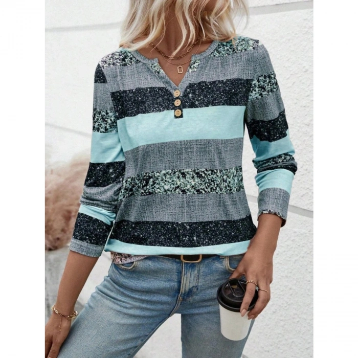 Kadın Uzun Kollu Yakadan Düğmeli çizgili Desenli Süprem Bluz