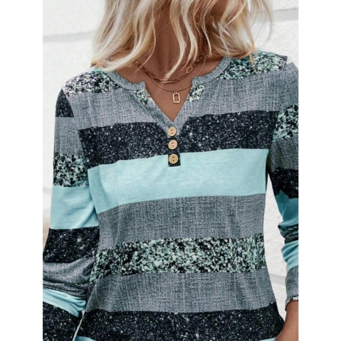 Kadın Uzun Kollu Yakadan Düğmeli çizgili Desenli Süprem Bluz