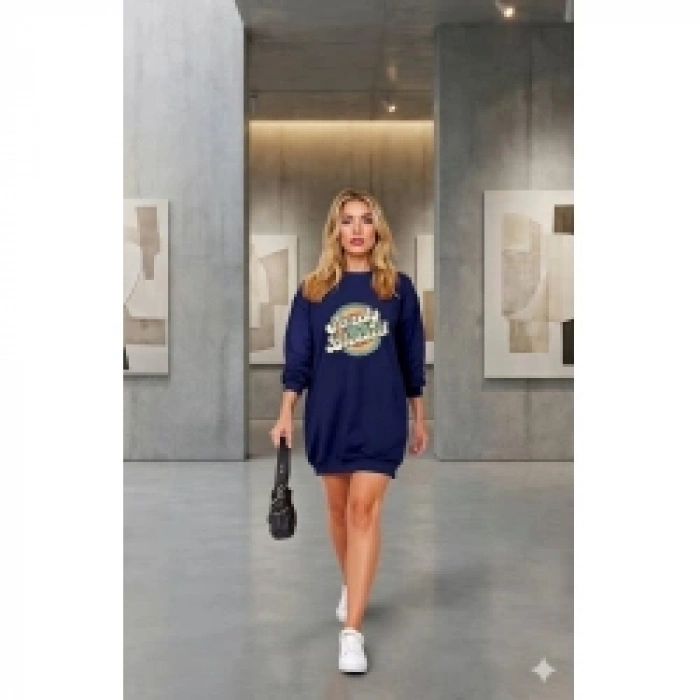 Kadın Uzun Kollu Bisiklet Yaka Yazılı Viskon Iki Iplik Elbise