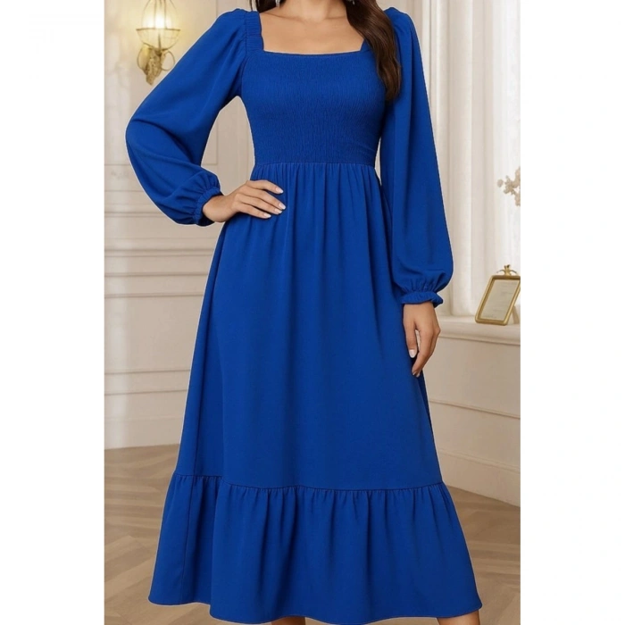 Kadın Uzun Kollu Kare Yakalı Gipeli Uzun Trikoton Elbise