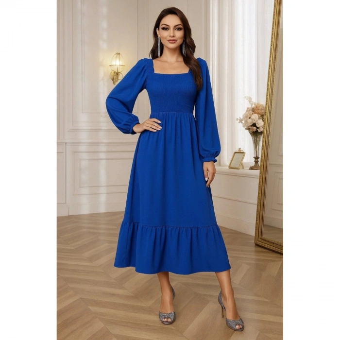 Kadın Uzun Kollu Kare Yakalı Gipeli Uzun Trikoton Elbise