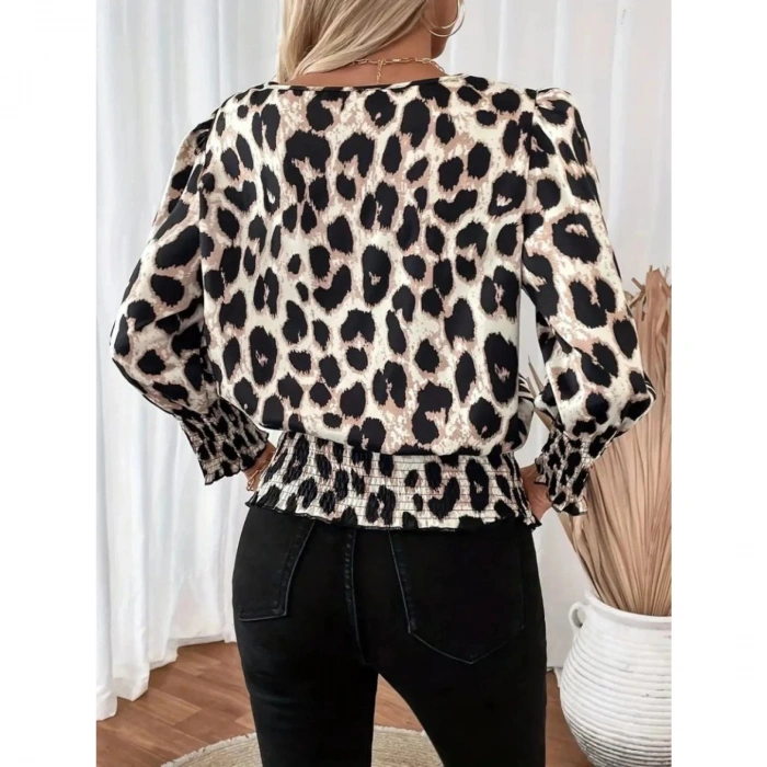 Kadın Uzun Kollu Bisiklet Yaka Leopar Desenli Modal Bluz