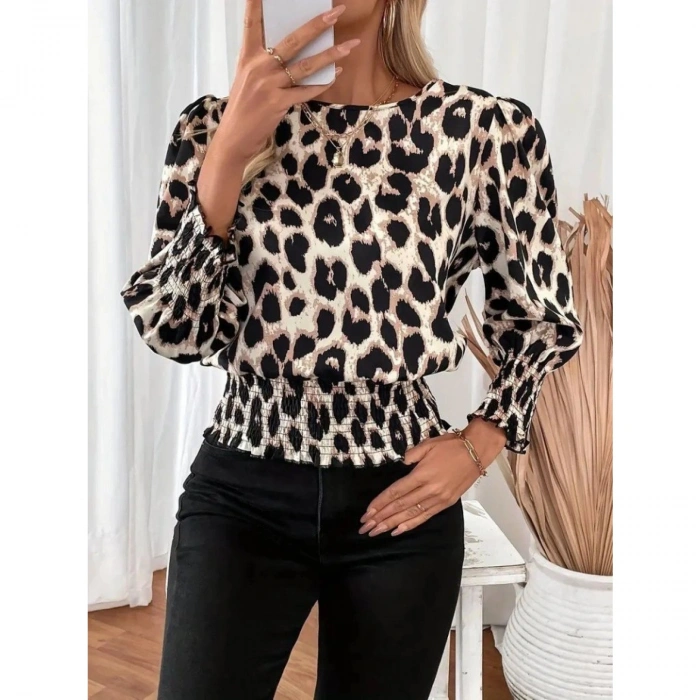 Kadın Uzun Kollu Bisiklet Yaka Leopar Desenli Modal Bluz