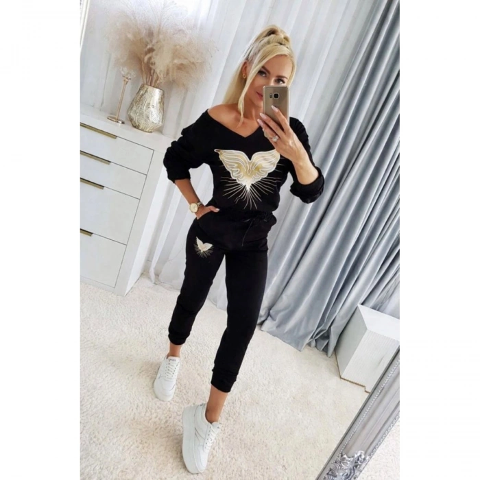 Kadın Uzun Kollu V Yakalı Desenli Viskon Iki Iplik Bluz Ve Pantolon Ikili Takım