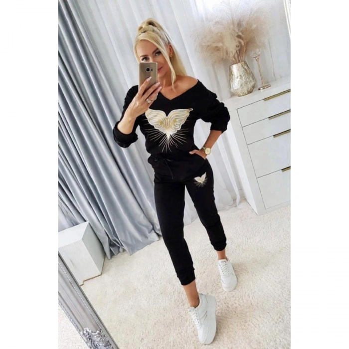 Kadın Uzun Kollu V Yakalı Desenli Viskon Iki Iplik Bluz Ve Pantolon Ikili Takım