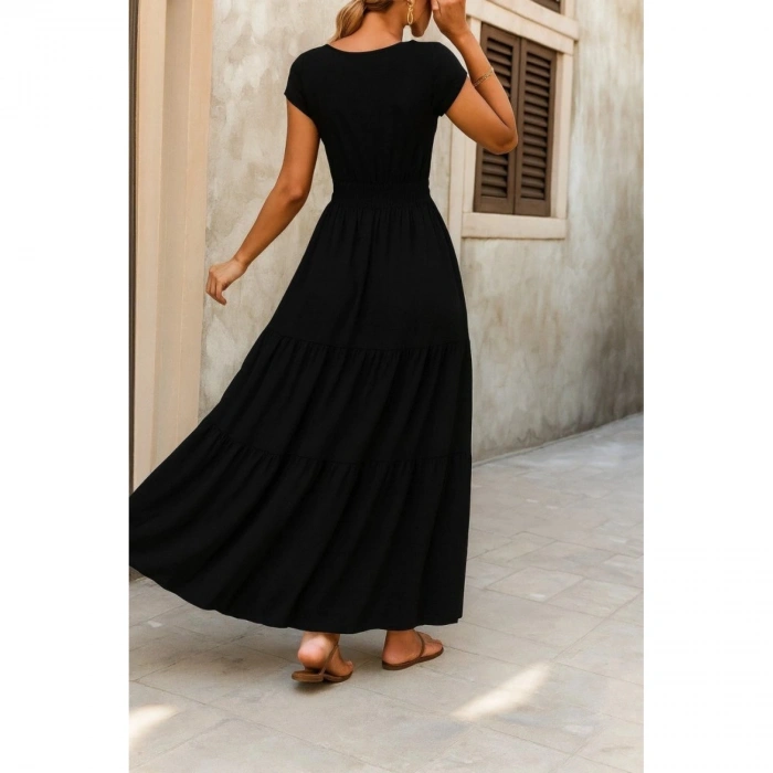 Kadın Kısa Kollu Kruvaze Yaka Beli Lastikli Süprem Maksi Boy Elbise