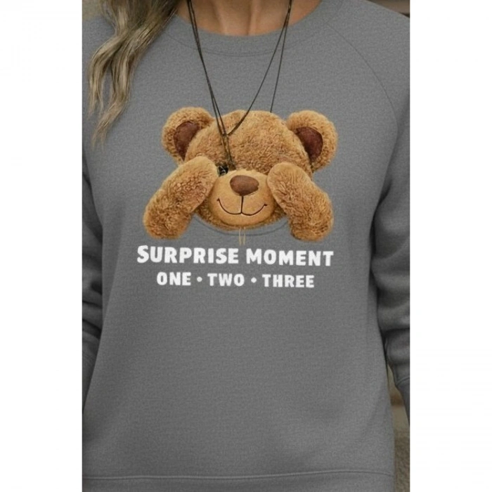 Kadın Uzun Kollu Bisiklet Yaka Ayıcık Desenli Viskon Iki Iplik Bluz