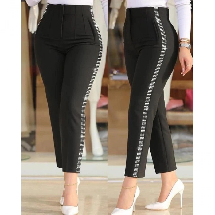 Kadın Yüksek Bel Yanlardan Taş Detaylı Ithal Krep Pantolon