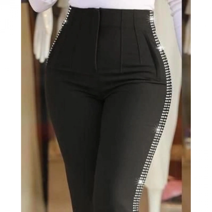 Kadın Yüksek Bel Yanlardan Taş Detaylı Ithal Krep Pantolon