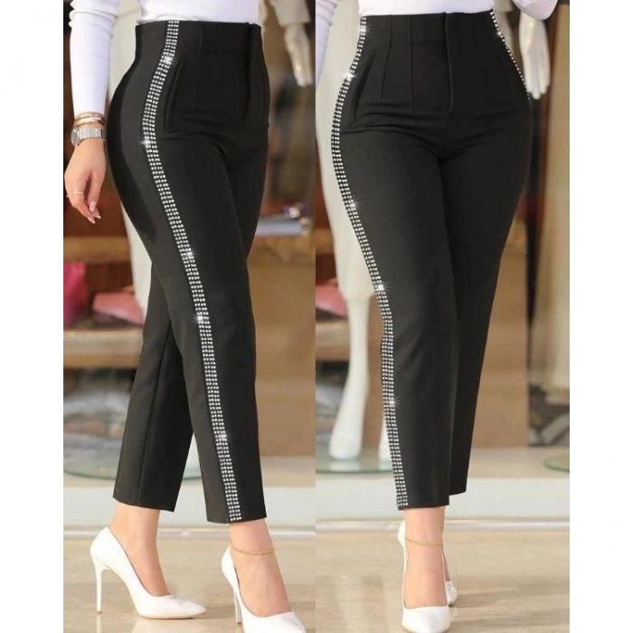 Kadın Yüksek Bel Yanlardan Taş Detaylı Ithal Krep Pantolon