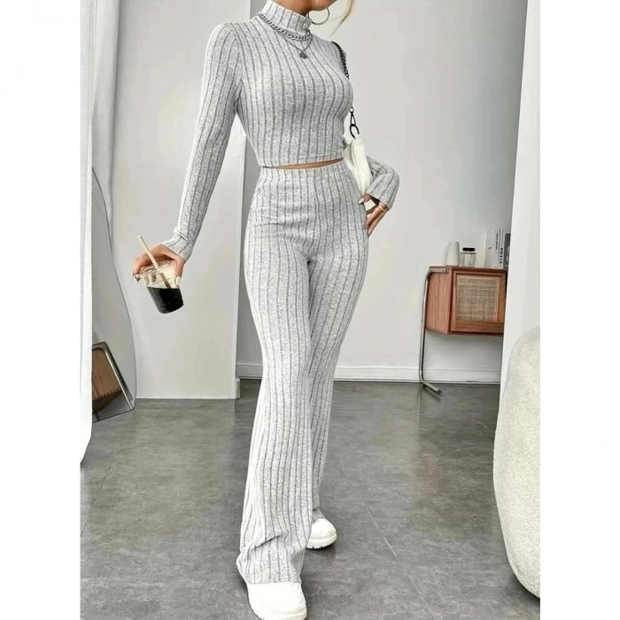 Kadın Uzun Kollu Balıkçı Yaka Krop Ve Pantolon şardonlu Kaşkorse Ikili Takım