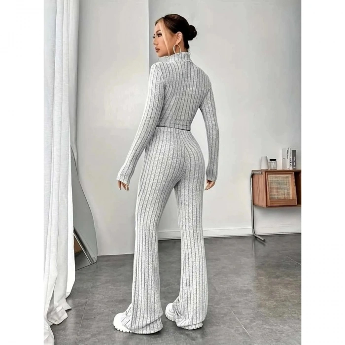 Kadın Uzun Kollu Balıkçı Yaka Krop Ve Pantolon şardonlu Kaşkorse Ikili Takım