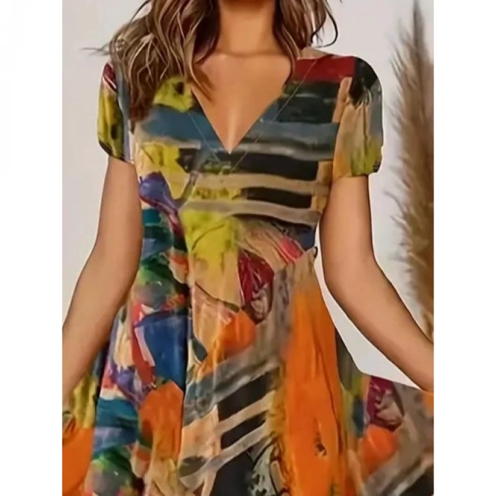 Kadın Kısa Kollu V Yaka Renkli Karışık Desen Kloş Süprem Midi Elbise