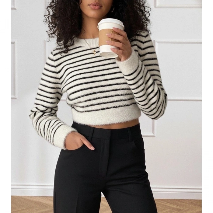 Kadın Uzun Kollu Balıkçı Yaka Crop Triko Bluz