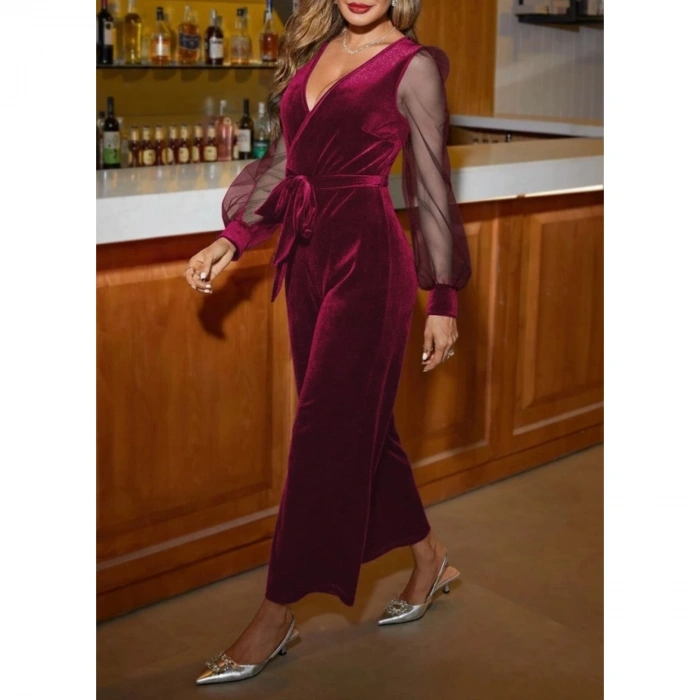 Kadın Uzun Kollu Kruvaze Yakalı Belden Kuşaklı Tül Detaylı Kadife Tulum