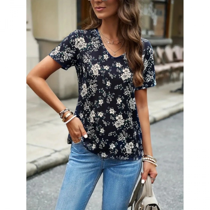 Kadın Kısa Kollu V Yakalı çiçek Baskılı Süprem Bluz