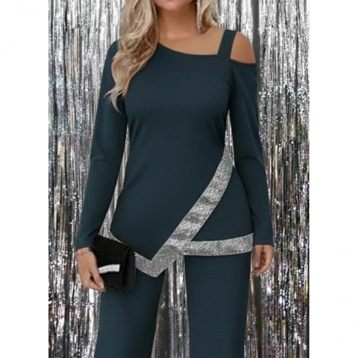 Kadın Tek Omuzdan Açık Uzun Kollu önü Pulpayet Ithal Krep Bluz Ve Pantolon