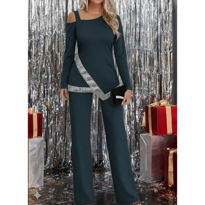 Kadın Tek Omuzdan Açık Uzun Kollu önü Pulpayet Ithal Krep Bluz Ve Pantolon