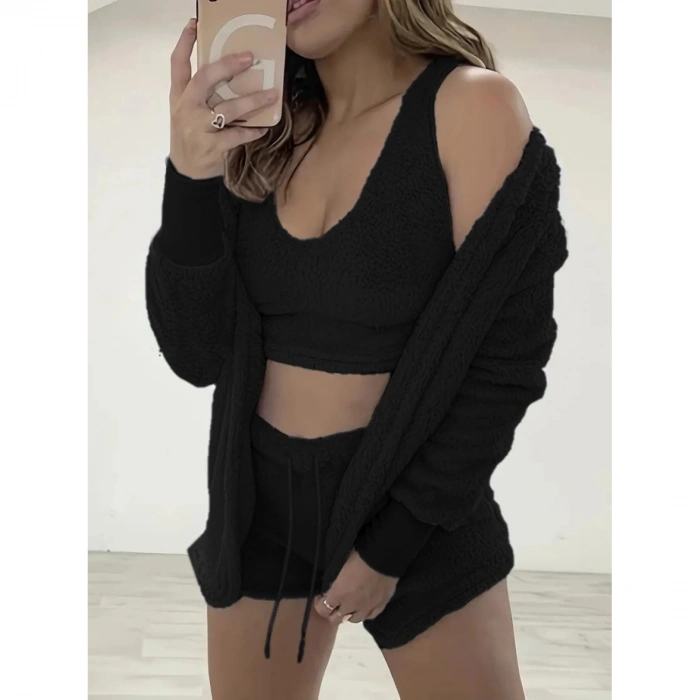 Kadın Uzun Kollu Ceket, Askılı Peluş Bluz Ve şort üçlü Takım